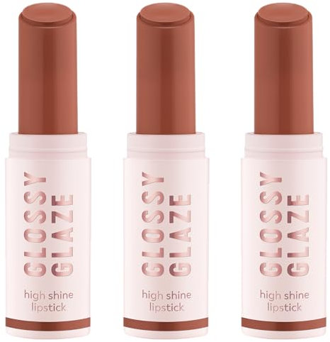 essence GLOSSY GLAZE high shine lipstick, Nr. 01, Braun, hochpigmentiert, glänzend, farbintensiv, vegan, ölfrei, ohne Parabene, ohne Mikroplastikpartikel, 3er Pack (3x1.9g)