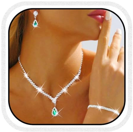 Reaky Brautschmuck-Set, silberne Strass-Halsketten, 3-teilig, Kristall-Halskette, Schmuck-Set, Braut-Hochzeits-Accessoires für Frauen (Grün)