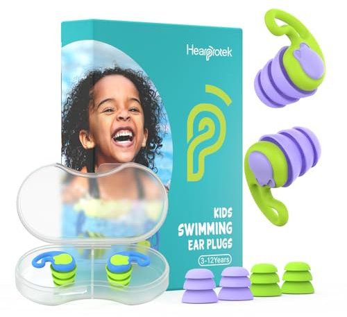 Hearprotek bouchon oreille piscine enfant, 2paires boule quies enfant réutilisables silicone étanche pour petits conduits auditifs-protege oreille pour natation,bain, surf 3-12 ans(bleu violet)