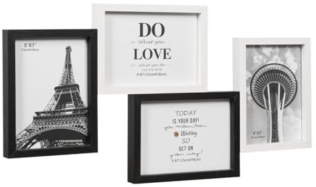 emmevi Cornice Portafoto Multipla Mosaico Legno MDF Porta Foto Parete Bianco Nero 4 Foto Da 13x18 Cm