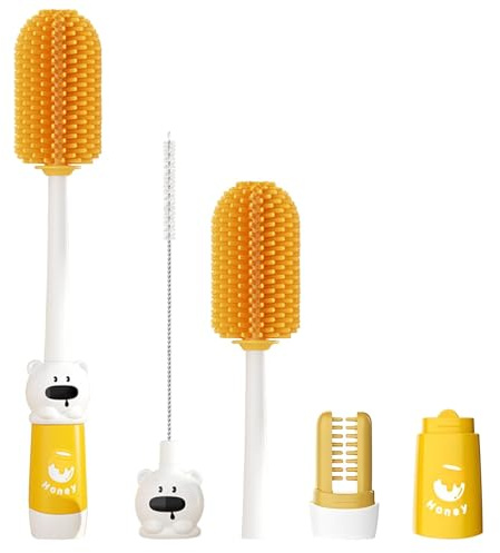 4 in 1 Set Wasserflasche Reiniger Bürste Silikonbürste Silikon Flaschenbürste schonend und kratzfrei Flaschenbürste Silikon Zum Reinigen Von Babyflaschen Und-Bechern (gelb)