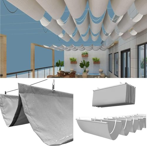 EFGETD Welle Sonnensegel Einziehbare, Wasserdicht Polyester Markise Sonnensegel UV-Schutz U-Form Schattenstoff für Garten, Terrasse, Deck, Hinterhof und Spalier(Gray,1.2x5.5m(4'x18'))