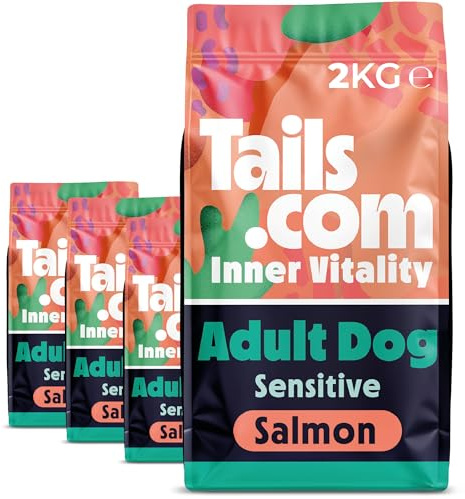 Tails.com • Dry Dog Food 4 x 2kg • Sensitive Salmon • Adult 1-7 years • Grain Free Recipe • No Added Flavours, Colours or Preservatives • Contains Omega 3 to Support Skin and Coat | Hypoallergenic grain-free dry food for sensitive dogs. Hydrolysed salmon, sweet potato, omega-3 & 6 for skin and coat.