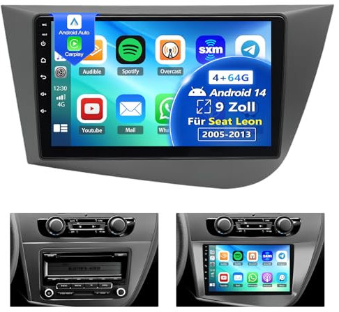 4+64G Android 14 Radio de Coche para Seat Leon MK2 2005-2013, con Carplay Android Auto 9 Pulgadas, Mirror Link Bluetooth 32EQ GPS Navi WiFi FM RDS Dab+ Cámara de Respaldo, 2DIN