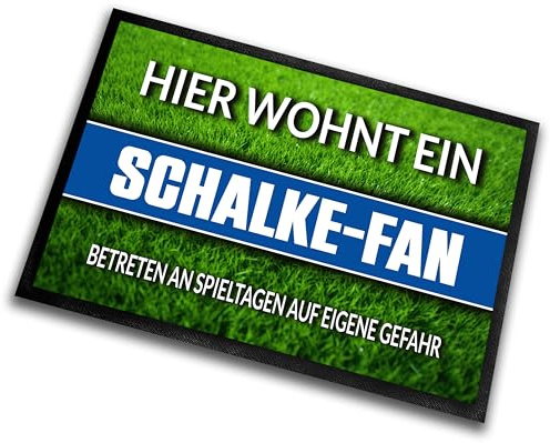 Fußmatte Rasenoptik für Fußball Fans | Hier wohnt ein Schalke Fan - Betreten an Spieltagen auf eigene Gefahr! | Türmatte mit Spruch | 60x40cm | für innen und außen | Vorleger für Haustür / Flur