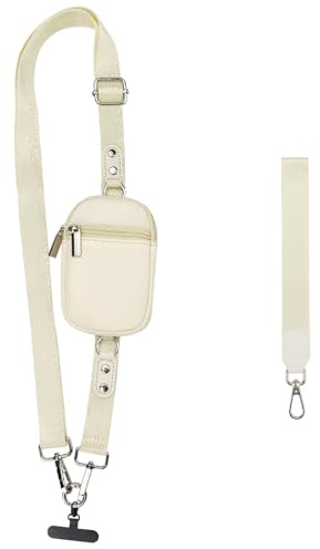 Modixun Adjustable Crossbody Phone Lanyard with Wallet & Wrist Strap, Cell Phone Strap Crossbody with Anti Theft Zipper Detachable Wallet and 360° Rotatable Tether Tab, Ivory White