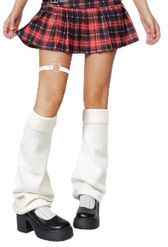 Kaempe Leg Warmers,Legwarmers With a Garter,Y2K 80s Kawaii Knit Leg Warmers Ladies Flared Harajuku,Knee-High Boot Legwarmers, Lolita Goth Accessories For Women Girls (White)
