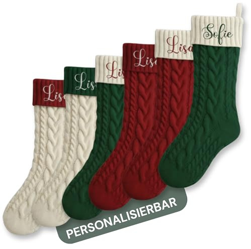 SMARTEON Weihnachtsstrumpf personalisiert, Nikolaussocken mit Namen für die Familie, Nikolausstrumpf individuell Bestickt, Nikolaus Socke zum Befüllen, Kaminsocken Weihnachten (beige-rot)