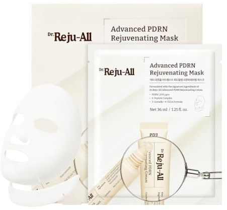 Dr. Reju-All Advanced PDRN Rejuvenating Mask (36ml x 4EA) | Face & Neck Korean Sheet Mask with 1,200ppm PDRN, Collagen & Copper Peptides, Hydrating & Soothing for Silky-Smooth Skin