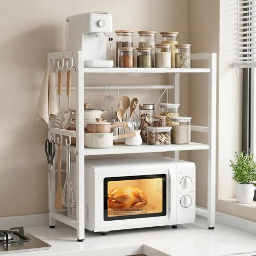 ALANNG Mikrowellen Regal, 3 Stufig Mikrowellenregal Küche Arbeitsplatte, Küchenregal Stehend für Backofen/Kaffeemaschine, Stabile Microwave Stand mit 6 Haken (Weiß, 1Packung)