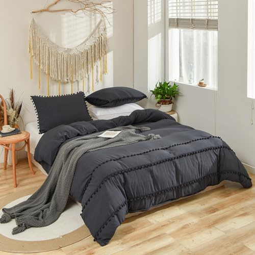 Covebett Bettwäsche 135x200 Dunkelblau Uni mit Pompons Fransen Boho Aesthetic Wendebettwäsche Set Chic Bohemian Pompom Quaste Gewaschene Microfaser Bettbezug mit Reißverschluss und Kissenbezug 80x80cm