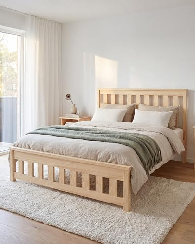 EcoBeds ADA Holzbett 160x200 cm Kiefer Massivholz bis 200 kg | Natur Lackiert - Doppelbett, Bettgestell mit Lattenrost und Stauraum, für Erwachsene, robust, einfache Montage