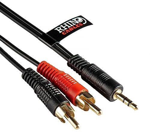rhinocables 3.5mm Aux Stereo Jack Male Plug to Twin Phono 2 RCA Audio Cable Gold Contacts for Speaker, Surround Sound, Hi-Fi, TV, Car Aux, Phone, Amplifer (2m)