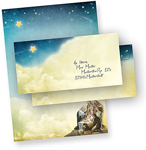 Weihnachtsbriefpapier Weihnachtsgeschichte 25 Sets Christliches Briefpapier Weihnachten DIN A4 mit Umschlag ohne Fenster