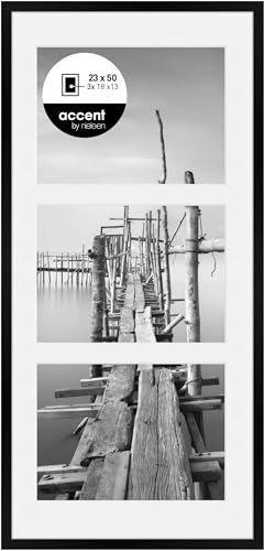 accent by nielsen Objektrahmen mit Passepartout, 23 x 50 cm, Holz (MDF), Schwarz, Collage mit 3 Bildern zum Aufhängen im Hoch- & Querformat, Echtglas, Aura