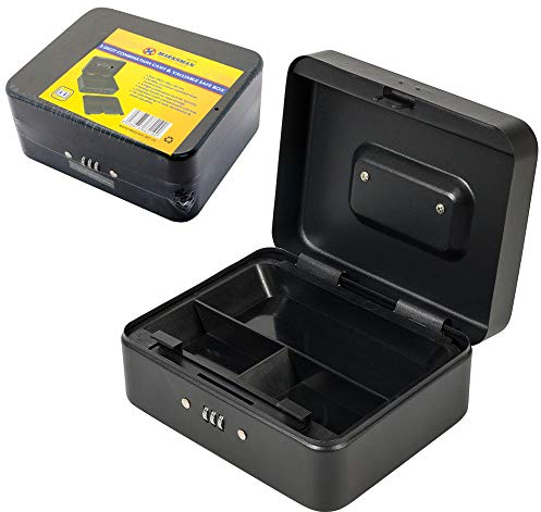 3 Digit Combination Lock Safe Box - Black Petty Cash Tin, Money Keyless DIY Valuables | For Home, Office, Business, Money, Jewellery | Portable Security, With Coin Tray & Multi Compartment | Cash Safe
