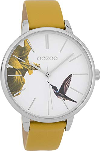 Oozoo Große modische Damenuhr mit Blumenmuster im Zifferblatt und Lederband 42 mm, Vogel Blume/Senfgelb, Strap, Vogel Blume/Senfgelb, Riemen