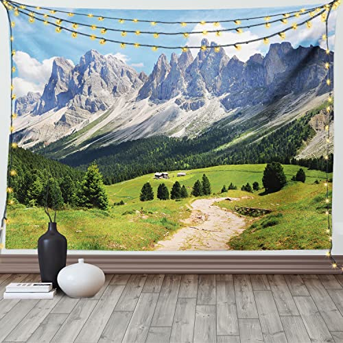 ABAKUHAUS Natur Wandteppich und Tagesdecke, Pathway to Wald Alpen aus Weiches Mikrofaser Stoff Waschbar ohne Verblassen Digitaldruck, 230 x 140 cm, Weiß Grün