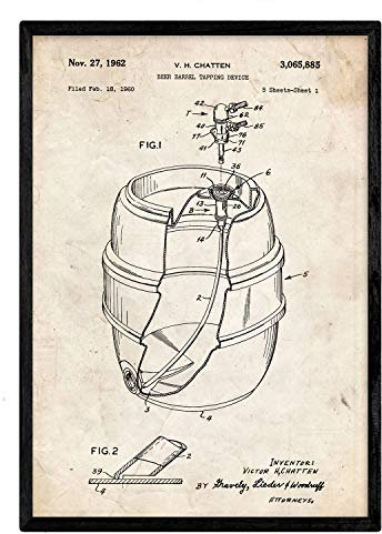 Nacnic Poster Patent Bierfass. Blatt mit altem Design-Patent in der Größe A3 und Vintage-Hintergrund