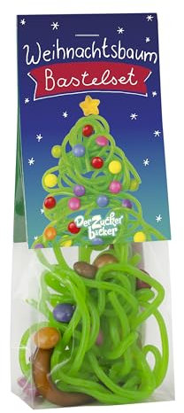 Weihnachtsbaum Bastelset, 45 Gramm, Fruchtgummi Schnüre mit Cola und Apfelgeschmack, Smarties und Stern in einem Naschbeutel, Süßer Tannenbaum zum Selberbasteln, Süßes Geschenk in der Adventszeit