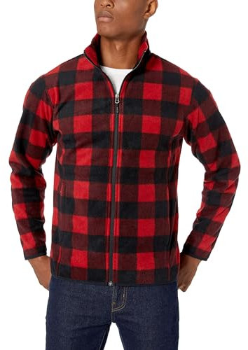 Amazon Essentials Herren Fleecejacke mit durchgehendem Reißverschluss (in Big und Tall erhältlich), Rot Schwarz Buffalokaros, L