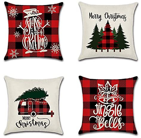 JOTOM Weihnachts-Kissenbezüge mit Aufschrift Merry Christmas, rot und schwarz, kariert, wasserdicht, für Sofa, Bett, Wohnzimmer, Auto, Dekoration, Geschenke, 45 x 45 cm, 4er-Set