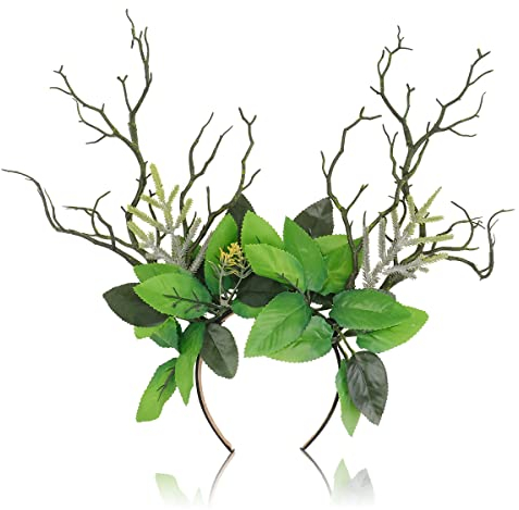 Rentier Haarreif mit Stoff Blätter Mädchen Frau Wald Fee Stirnband Blumenkrone Kranz Elfen Kostüm Zubehör Haarschmuck für Weihnachten Halloween Karneval