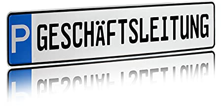Individuelles Parkplatzschild 520x110mm mit P-Symbol aus Aluminium Wunschkennzeichen mit eigenem Text Wunschname für Parkplatz Schild (10 P - Geschäftsleitung)