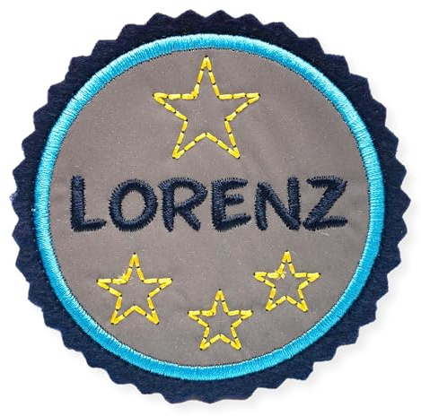 ZauberDrum Klettie Reflektor mit Namen und Sternen für Schulmappe Wunschname 8cm blau und türkis - bis 8 Buchstaben