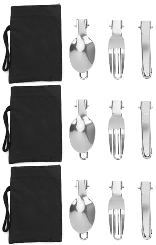 Agatige Folding Camping Cutlery Set, 3 Set Stainless Steel Portable Folding Cutlery Spoon Fork Knife Set Picnic Dinner Flatware for Travel Outdoors Tableware Hiking Survival Camping