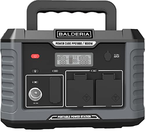 BALDERIA Power Cube 1000W | Tragbare Powerstation 933Wh | Mobiler Stromspeicher mit Steckdose 230V, AC USB, Flashlight, LED, Wireless Charger & LCD | Strom für Outdoor, Camping, Notfall & Van