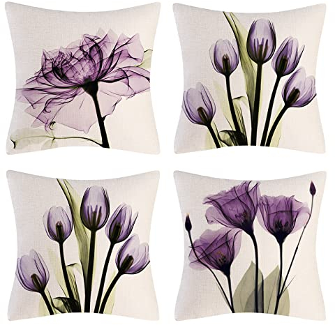 OCEUMACO Leinen Kissenbezug 40x40 Blumen Muster Kissenhülle 4er Set Quadratisch Sofakissen Dekokissen Bezug für Couch Landhausstil Kissen Kissenbezüge Outdoor Deko Couchkissen Zierkissen - Lila