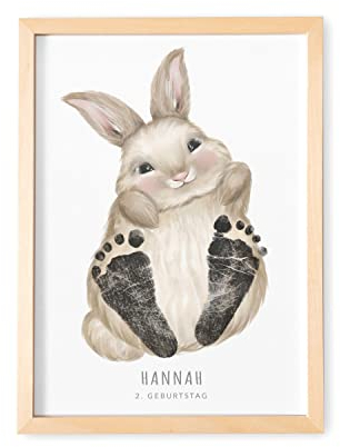 DEL MÀ Unique & Personal Baby Fußabdruck Bild Mit Rahmen Personalisiertes Tier Poster Für Babyzimmer Kinderzimmer (OHNE FARBE) (Hase, DIN A4 | Fußlänge bis 6cm | Alter bis 6 Monate)