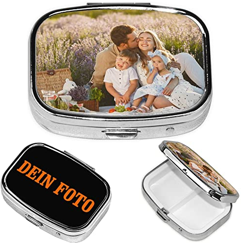 Personalisierte Pillendose mit Foto, 2 Fächer Tablettenbox für Medikamente, Individualisierte Tragbarer Pillen Organizer für unterwegs, Personalisierbare Medikamentenbox mit eigenem Text/Logo