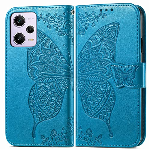 Roar Handyhülle für Xiaomi Redmi Note 12 Pro Hülle Flip Case Türkis | Hochwertige PU Leder Handy Hülle im Schmetterling & Blumen Design: 3 Kartenfächer, Geldfach, Magnetverschluss, Stoßfest