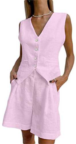 Onsoyours Completo da Donna Canotta Tinta Unita Blazer Gilet Senza Maniche + Pantaloncini con Tasche Set 2 Pezzi Estate Tuta A Rosa Chiaro M