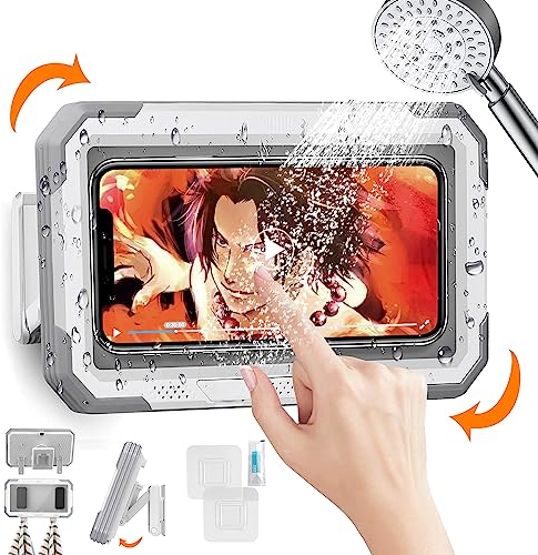 FAMIDUO wasserdichte Handyhülle für Dusche, Selbstklebend Wandhalterung, 480° Drehbar, Anti-Nebel-Schirm, Handyhalterungen für Badezimmer/Küche, Hülle für Handys Kleiner als 7 Zoll wie iPhone/Samsung