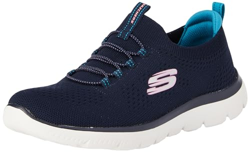 Skechers Womens Summits Top Player Sneaker, Navy Knit Teal Pink Trim, 7 UK