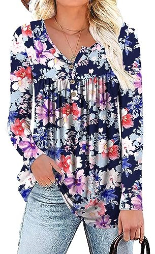 Aodemo Women's Fall Henley V Neck Button Up Tunic Ladies Tops Flowy Long Sleeve T-Shirts Pleated Blouse M, Mixed Flowers