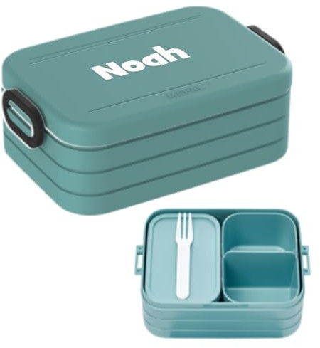 Mepal Bento Lunchbox Take A Break Midi - Personalisierte Brotdose mit Namen - Bento-Fach & Gabel - Geeignet für bis zu 4 Butterbrote - BPA-frei & Spülmaschinenfest - 900 ml - Nordic Green