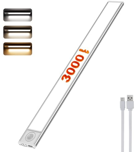 Schrankbeleuchtung LED mit Bewegungsmelder 40cm Unterschrank Beleuchtung, 3 Farben 6000K und 3000mAh Unterbauleuchte Kabellose Lichtleiste USB Küche Treppe 2025