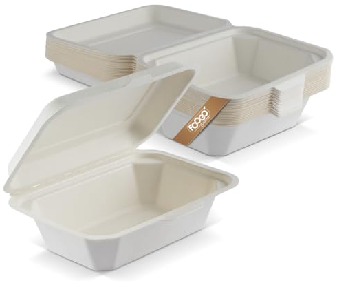 FOOGO Green 50pcs Eco-Friendly Clamshell Takeaway Boxes, 7x5 inch, 21oz / 600ml, Made from Natural Sugarcane Pulp, Disposable Food Container, Biodegradable Home Compostable Sugarcane Bagasse