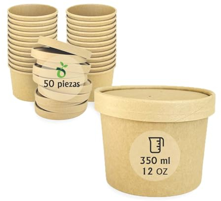 ECOPICNIC Lot de 50 gobelets à Soupe jetables de 350 ML avec Couvercle en Carton Kraft, gobelets Alimentaires Marron avec revêtement en polyéthylène, Bol à Soupe avec Couvercle