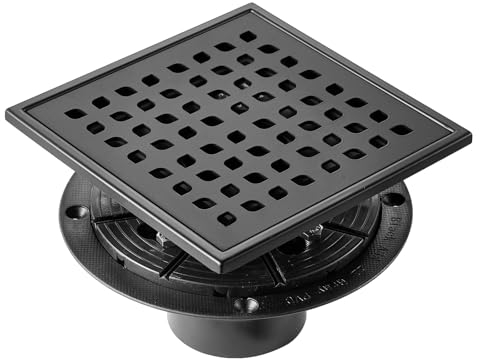 VEVOR Desagüe de Suelo 152,5x152,5 mm Desagüe de Ducha Italiano con Rejilla Cuadrada de Acero Inoxidable 304 Cepillado 48 L/min Desagüe de Suelo con Filtro de Desechos de Cabello, Negro Mate