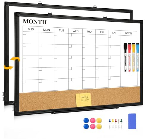 Monthly Dry Erase Calendar Whiteboard with Corkboard, 24 x 18, Black