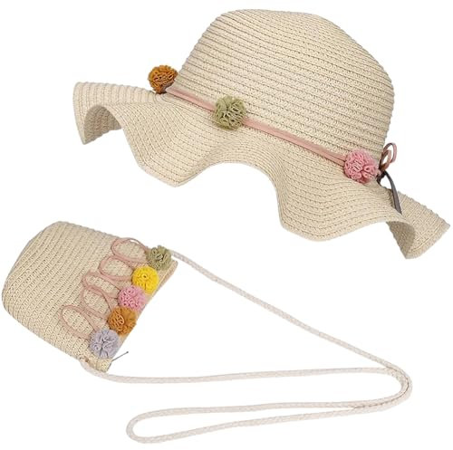 Sombrero De Paja para Niños y Bolso Pequeño,Summer Beach Sombreros,Sombrero Ancho De Playa De Verano,Kid Summer Beach Sun Sombreros,para Niños Beach Piscina Al Aire Libre Viajamiento(Beige)