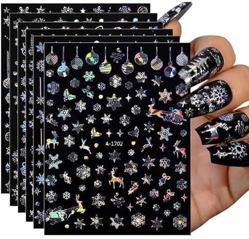 6 Blatt Nagelsticker Weihnachten, Nagelsticker Schneeflocken & Rentieren, Nagelsticker Winter, Aurora Silber Nagelaufkleber Selbstklebend Nagel Zubehör Frauen Mädchen Geschenke für Weihnachten