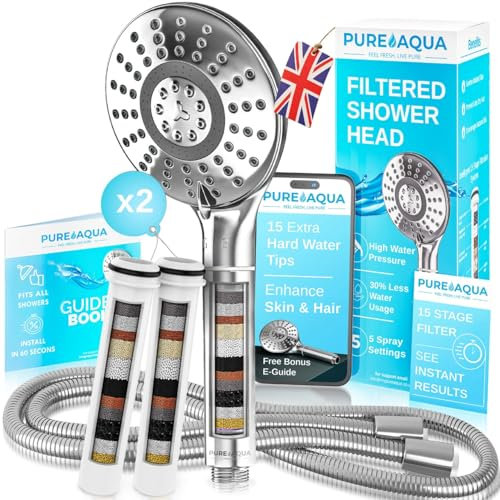 PUREAQUA 15 Stage Shower Head Filter | Shower Filter X2 | Hard Water Showerhead Filters | High Pressure Shower Heads | 5 Spray Settings Power Shower Head | Skin & Hair | Fast Results | UK Brand