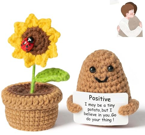 Bambebe 2 mini macetas divertidas de girasoles de muñeca positiva, muñeca de punto de 3 pulgadas con tarjeta inspiradora, decoración de escritorio hecha a mano, muñeca de lana de girasol de 4