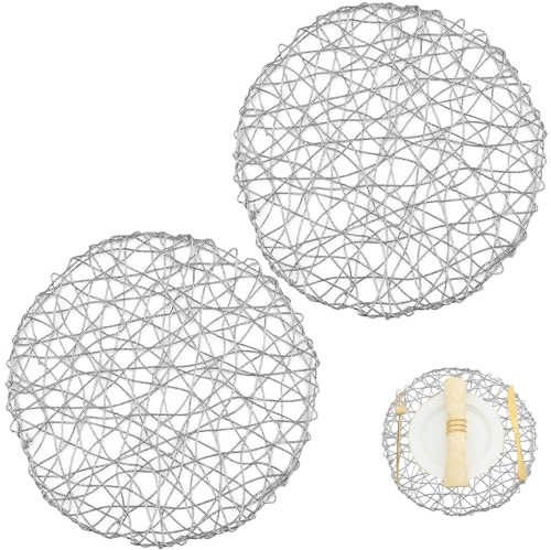 POPOYU 2er Set Platzdeckchen Silber Tischset PVC Ausgehöhlte Platzset Metallische Runde Tischsets, Waschbar Hitzebeständig Rutschfester Platz-Mattenc für Weihnachten Hochzeit Party